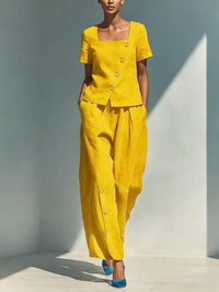 Womens Loose Short-Sleeve Top And High-Waist Pants Two-Piece Set