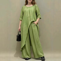 Womens Retro Casual Loose Top And Wide-Leg Pants Two-Piece Set