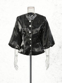 Round Neck Solid Color Single-breasted Lantern Sleeve Shirt