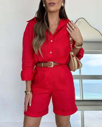 Casual Long-Sleeve Shirt And Shorts Womens Set