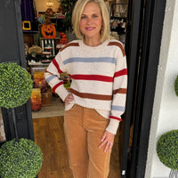 Beige Striped Off-shoulder Knit Top With Topstitching