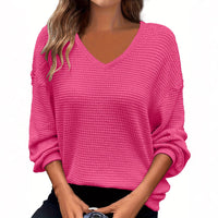 Solid-color V-neck Pineapple-pattern Pullover Casual T-shirt
