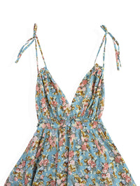 Printed Lace-Up Deep V-Neck Backless Ruffle Hem Dress