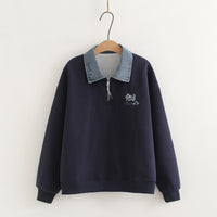 Denim Collar Stitching Polo Collar False Two-piece Sweaters