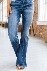 Washed High Waist Jeans Paneled Women's Flare