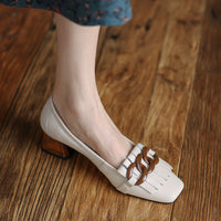 Fringed Chunky-heel Peep-toe Leather Shoes With A Chain Detail