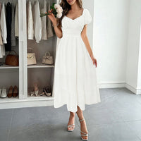 French Retro Bubble Waist A-Line Midi Dress - Flared Skirt Slim Fit Women's Summer Dress
