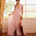 Chiffon Dress Solid Color Sexy V-Neck Cross-Over Layered Slit Suspender Maxi Dress