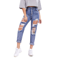 Ladies Trousers High-waisted Butt-lifting Holes Casual Straight-leg Denim Trousers