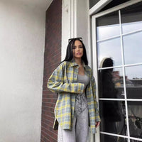 Retro Easy Matching Lapel Loose Plaid Shirt For Women