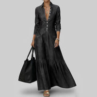 Street-style Vintage-collar Chic Denim High-end And Fashionable Fitted-waist Maxi Dress