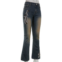 European And American Street Hipster Style Autumn New Women's Embroidered Pattern Retro Color With Diamond Slim Fit Slimming Jeans