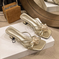 2026 Summer New Arrival Women's Flower & Pearl Slide Sandals, Outdoor Wear, Block Heel, Open Toe, Square Toe Fashion High Heel Sandals, Wholesale