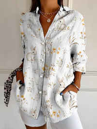 Womens Retro, Elegant Floral Print Long-Sleeve Shirt