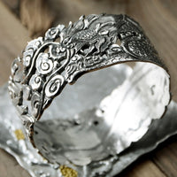 Womens Retro Wide Hollow Dragon-Patterned Floating Bracelet