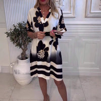 European And American-style Printed V-neck Short-sleeve Loose Casual Dress Womens Clothing