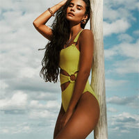 Solid Color Swimsuit Slim Ring Connection Cutout