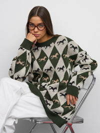 Womens Versatile Color-Block Jacquard Knit Top With Long Sleeves