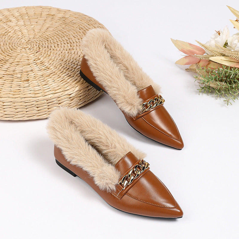 Pointed Toe Horsebit Buckle Toe Cap Plus Size Fluffy Shoes