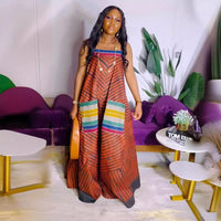 Printed Contrast Color Oversized Wide Leg Suspender Jumpsuit