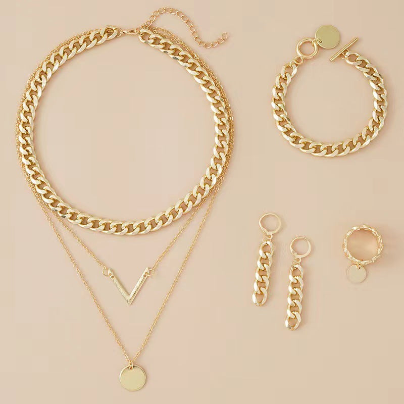 Metal Neckband Necklace Earring Bracelet Suit