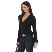 New Deep V-neck Cross-front Tie Lace Trim Top