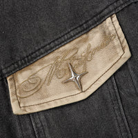 Contrast Color Leather Patchwork Lapel Pocket Denim Clothes Jacket
