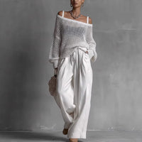 Womens Comfortable Hollow-Out Knitted Top And Linen Pants Two-Piece Set