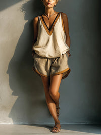 Womens Fashion Color-Block V-Neck Sleeveless Shorts Set