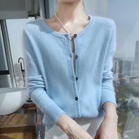 Womens Loose Button-up Solid-color Cropped Sweater With A Crew Neck