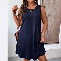 Lace-up Loose Sleeveless Vest Dress Casual Front Tie Design