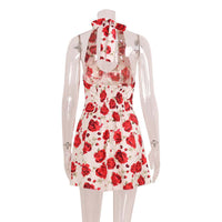 Fashionable Halterneck Backless Dress With A Rose Print