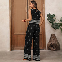 Retro Resort-Style Two-Piece Set In Black With Ethnic Geometric Print For Women