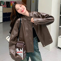 Womens Cropped American Retro Coffee-colored Leather Biker Jacket