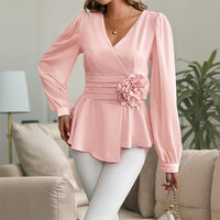 Waist-tight V-neck Three-dimensional Flower Blouse