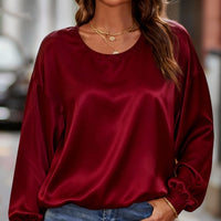 Womens Casual Round-neck Long-sleeve Loose Solid-color Multi-color Top