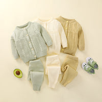 Girls' Solid Color Round Neck Cardigan Pants Suit