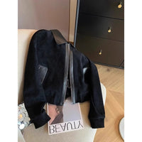 Black Patchwork Lapel Suede-Like Short Jacket