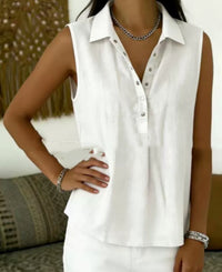 Womens Loose Comfortable Collared Sleeveless Solid-Color Shirt