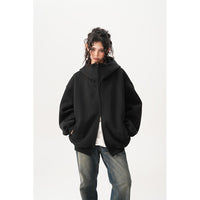Womens Relaxed-fit American-style Hooded Cardigan With A Stand-up Collar