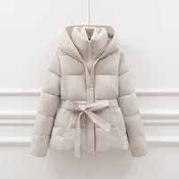 Womens Slimming Figure Hugging Cotton Coat With A Defined Waist Hood And Drawstring