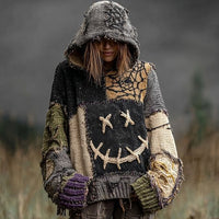 Drop-Shoulder Vintage Womens Printed Loose Hooded Top