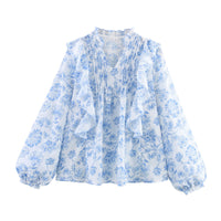 Floral Ruffled And Laminated Decoration Printed Shirt