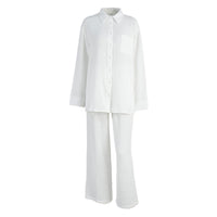 New Womens Double-Layer Crepe Long-Sleeve Shirt Set