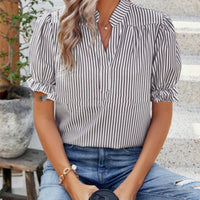 Pullover V-neck Ruffle Sleeve Top Women's Striped Chiffon Shirt