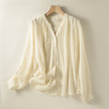 Womens Long Sleeve V Neck Loose Fit Button Up Shirt