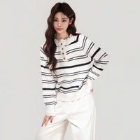 Autumn And Winter Lace Ruffle Color Block Stripe Thickened Knit Sweater
