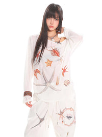 Diagonal Collar Long Sleeve T-shirt Printed See-through Loose Blouse
