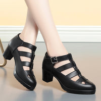 Closed Toe Sandals Summer Chunky Heel Woven Hollowed Ankle-strap Buckle Women's Shoes
