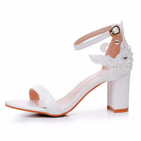 Chunky Heel Low-cut One-strap Round Toe Flower Beaded High Heel Sandals